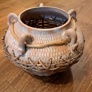 Rustic Southwestern Terracotta Clay And Woven Wicker/Rattan BASKET/BOWL/Vase